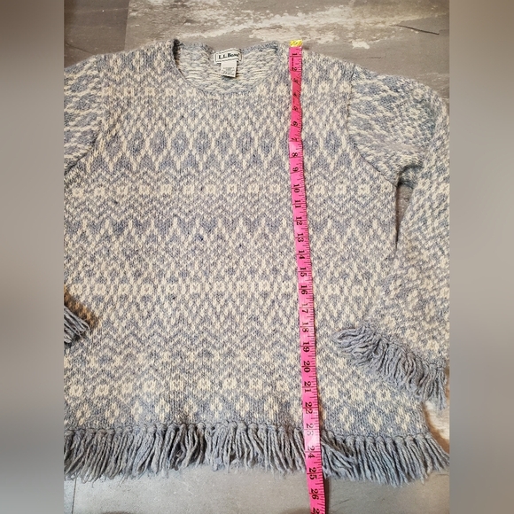 Vintage L.L. Bean fringe sweater. Wool blend. Grey-blue and cream. Fair Isle. M. - Picture 10 of 10